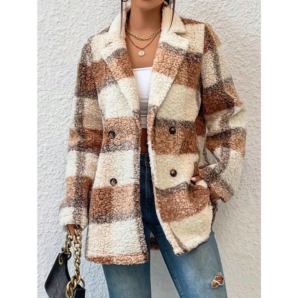 Plaid Double Breasted Teddy Coat boho preppy tan brown - Picture 5 of 5
